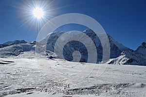 Beautiful snow covered Himalaya sunshine with blue sky,SIKKIM,iNDIA