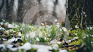 Beautiful snow drops growing through snow. First spring flowers