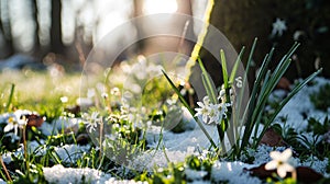 Beautiful snow drops growing through snow. First spring flowers