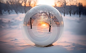 Beautiful snow fall in sunset scene in transparency ball, AI generated