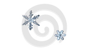 Beautiful snow flake on a light blue background close up