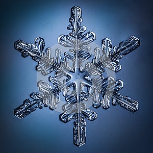 Beautiful snow flake on a light blue background close up