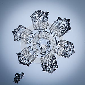 Beautiful snow flake on a light blue background close up