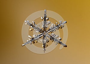 Beautiful snow flake on a light orange background close up