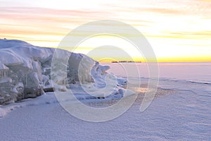 Beautiful snow landscape with colorful dawning sky