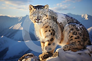 Beautiful snow leopard aganist snow mountans