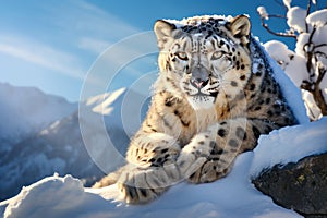 Beautiful snow leopard aganist snow mountans