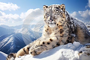 Beautiful snow leopard aganist snow mountans