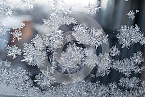 Beautiful snow patterns, water ornaments on transparent glass.Christmas snowflakes.