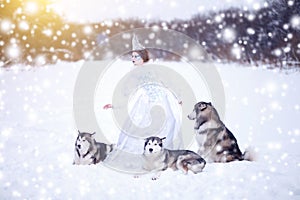 Beautiful snow queen witn dogs. Huskies or Malamute. Fairy tale girl. Christmas