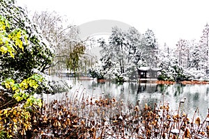 The beautiful Snow winter landscape scenery of Xihu West Lake and pavilion with garden in Hangzhou China
