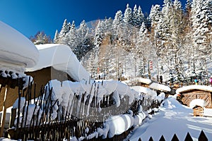 The beautiful snowcovered folk house of China`s snow town