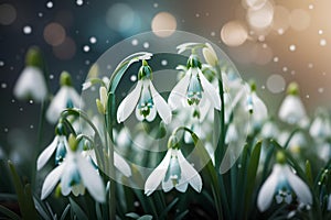 Beautiful snowdrop flowers on bokeh background. Spring landscape