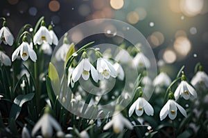 Beautiful snowdrop flowers on bokeh background. Spring landscape