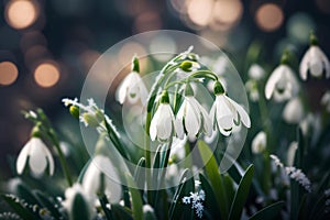 Beautiful snowdrop flowers on bokeh background. Spring landscape