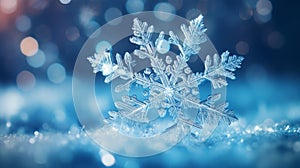 Beautiful snowflake close-up on a blue defocused background, macro photo. photo