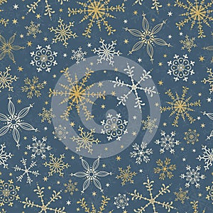 Beautiful snowflake seamless pattern - hand drawn in gold and blue, great for invitations, banners, wallpapers - vector surface