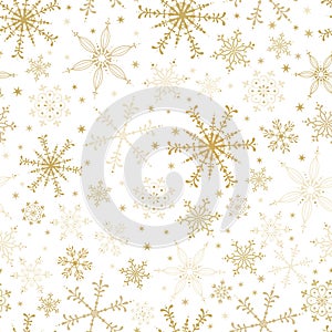 Beautiful snowflake seamless pattern - hand drawn in gold on white background, great for invitations, banners, wallpapers - vector