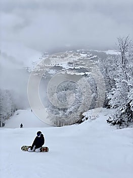 Beautiful snowing day at the Stowe Mountain Ski resort ski trails