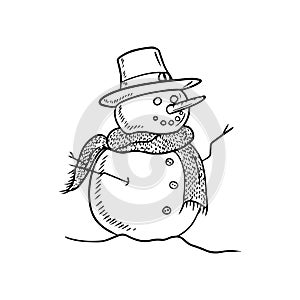 Beautiful snowman with hat and knitted scarf in black isolated on white background. Hand drawn vector sketch illustration in