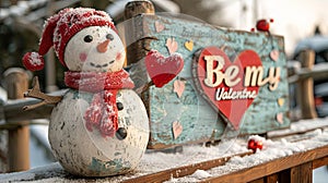 Beautiful snowman in a red scarf on the background of a wooden sign with the inscription Be my Valentine