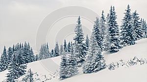 Beautiful snowy fir trees in frozen mountains landscape. Christmas background with tall spruce trees covered with snow in forest.