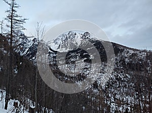 A beautiful snowy mountain lanscape under a blue cloudy sky