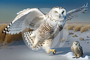 Beautiful Snowy Owl Picture set. taking flight, prey in the snow, spreading its wings and more.