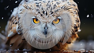 Beautiful snowy owl staring with wisdom in its yellow eyes generated by AI