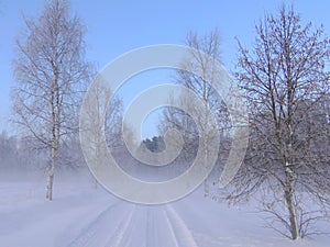 Beautiful snowy  road in Lithuania.Misty morning in winter