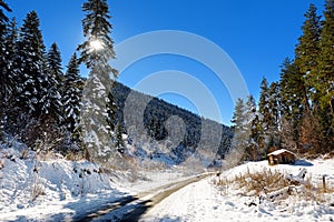 Beautiful snowy road to Zuruldi mount in Hatsvali, Upper Svaneti, Georgia photo