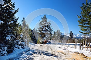 Beautiful snowy road to Zuruldi mount in Hatsvali, Upper Svaneti region of Georgia