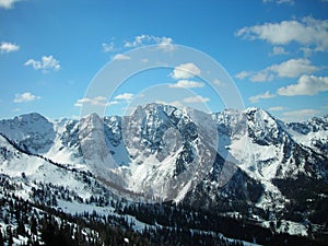 Beautiful snowy winter landscape in a mountain ski resort, panoramic view