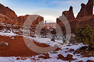 Beautiful snowy winter`s view of `Park Avenue in Arches National Park in Moab, Utah