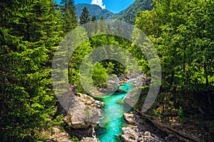 Beautiful Soca river and gorge in the forest, Bovec, Slovenia