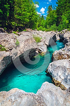 Beautiful Soca river in the narrow rocky canyon, Bovec, Slovenia