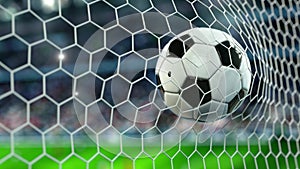 Beautiful Soccer Ball flies into Goal Net in Slow Motion. Football 3d animation 4k