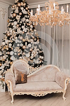 Beautiful sofa in the New Year's interior. Luxury Apartment