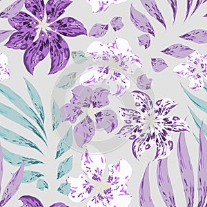 Beautiful softness tropical floral vector seamless pattern. Purple and white flowers with leaves on gray background.