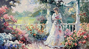 A beautiful southern belle standing on a wraparound porch her flowing dress matching the vibrant flowers in the nearby