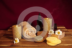 Beautiful Spa. Aroma Therapy with Herbal Oil, Natural Soap and Relaxation Candles. Wooden Color and Warming Towels