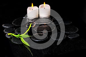 Beautiful spa background of green branch bamboo and candles on z