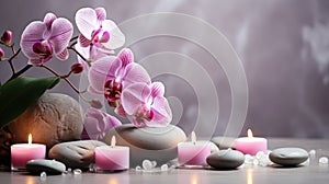 Beautiful spa composition with burning candles and orchid on grey background