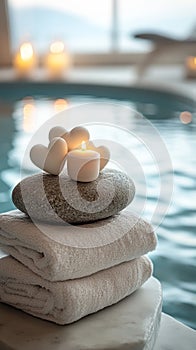 Beautiful spa composition with candles and towels near swimming pool, vertical closeup photo