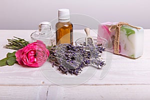 Beautiful spa composition with lavender on table