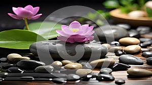 Beautiful spa composition with lotus flower and zen stones on dark background