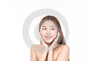 Beautiful spa model girl with perfect fresh clean skin on white background