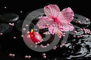 Beautiful spa setting of delicate pink hibiscus, zen stones