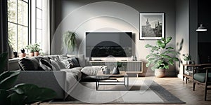 Beautiful Spacious living room with corner sofa and modern TV set in daylight. Generative AI