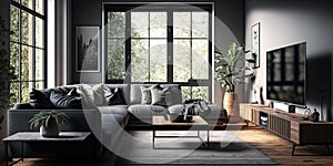 Beautiful Spacious living room with corner sofa and modern TV set in daylight. Generative AI